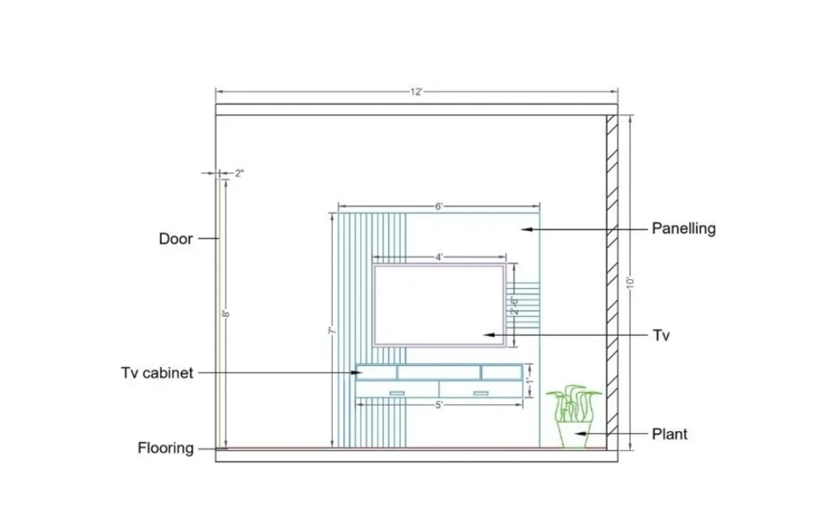 The elevation drawing of a TV unit that the Model Studio demo starts from