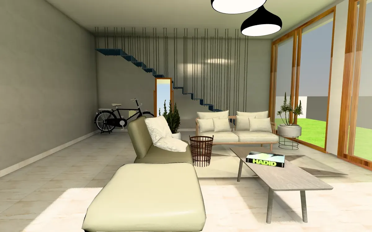 A furnished living room with a tiled floor, rendered in TILO