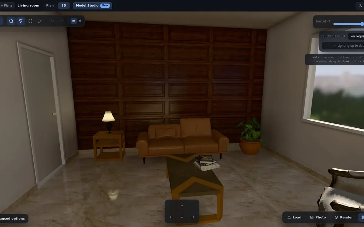A living room in the TILO 3D view, with its controls